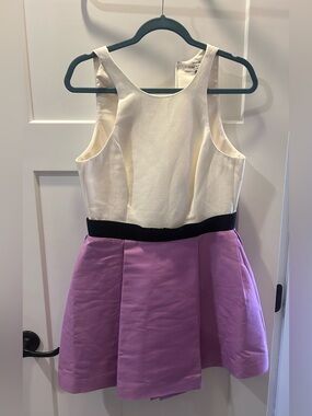Halston Cotton Cream and Lavender Two-Tone Party Dress with Black Waistband